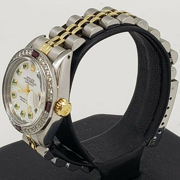 Rolex Ladies Datejust Oyster Gold Steel Diamond Dial Bezel Emeralds Ruby main image 6